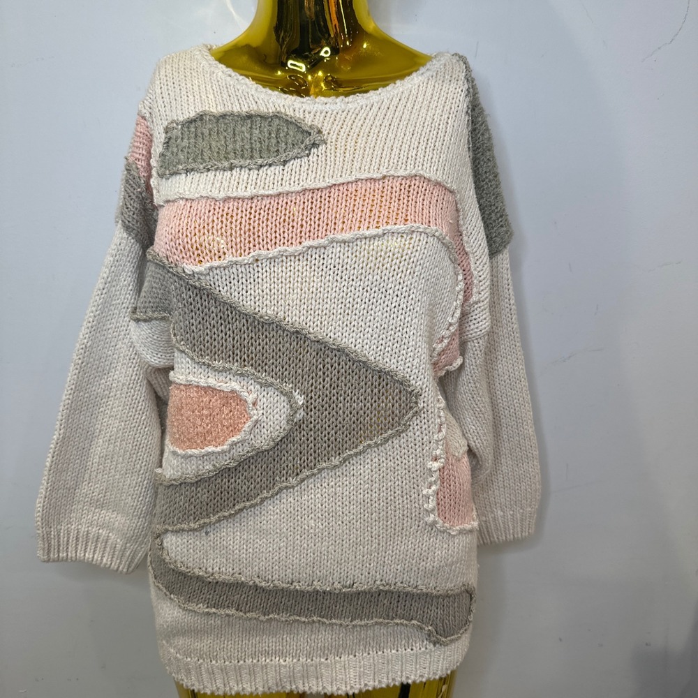 Pastel Grandmother Vintage Silk Abstract Chunky Knit Sweater Cream Pink Grey M‎